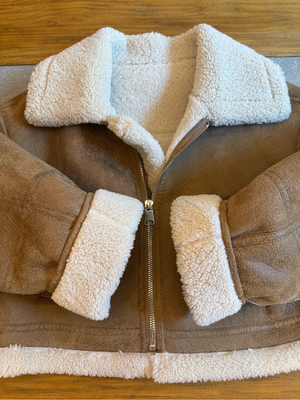 Mango MNG Suede Cropped Aviator Jacket Shearling Collar Large - Picture 6 of 15